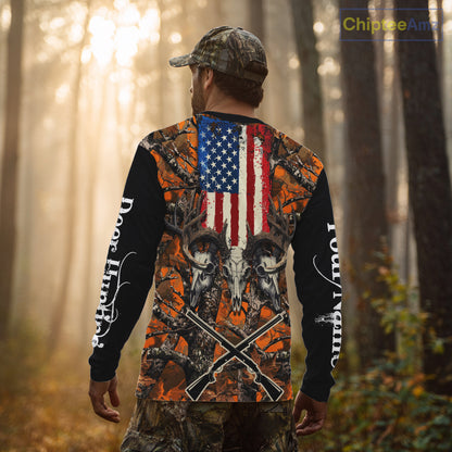 Custom Orange Camo US Flag Rifle Personalized Hunting Shirts, Deer Hunting Clothes NBT282