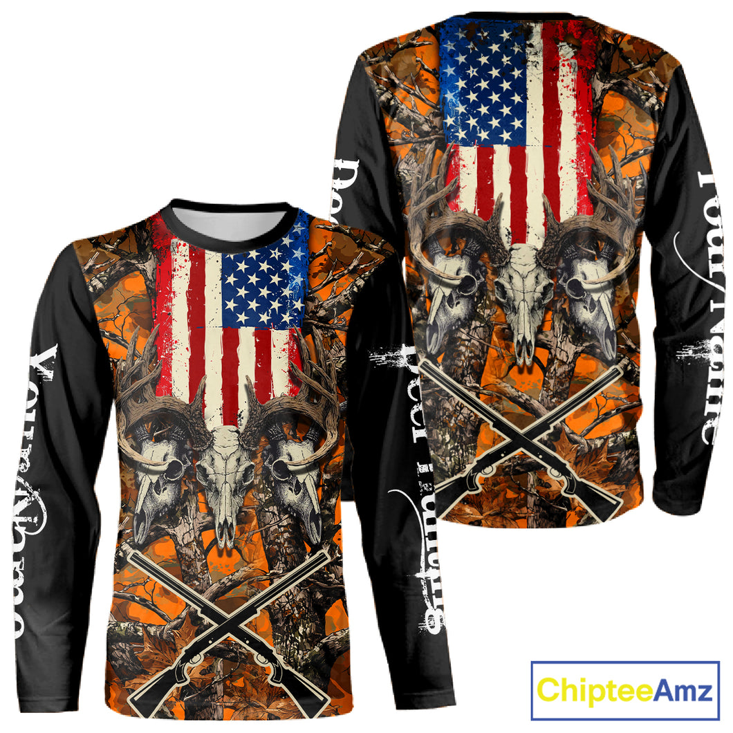 Custom Orange Camo US Flag Rifle Personalized Hunting Shirts, Deer Hunting Clothes, Hunting Gifts NBT282