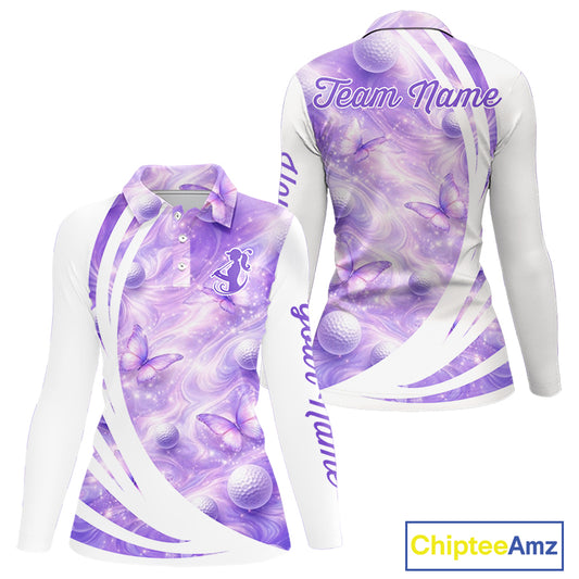 Butterfly Womens Long Sleeve Golf Polo Shirts Custom Name Floral Purple Color, Golf Gifts For Ladies NBT482