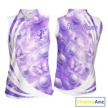 Load image into Gallery viewer, Butterfly Womens Sleeveless Golf Polo Shirts Custom Name Floral Purple, Golf Gifts For Ladies NBT482
