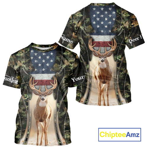 Patriotic Green Camo Deer Hunting Shirt – American Flag Whitetail Buck, Custom Name for Men NBT34