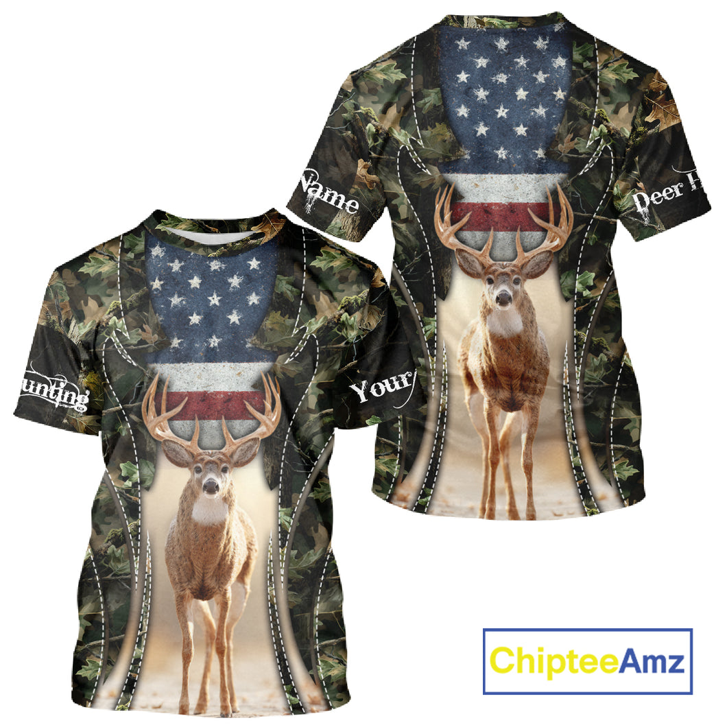 Patriotic Green Camo Deer Hunting Shirt – American Flag Whitetail Buck, Custom Name for Men NBT34