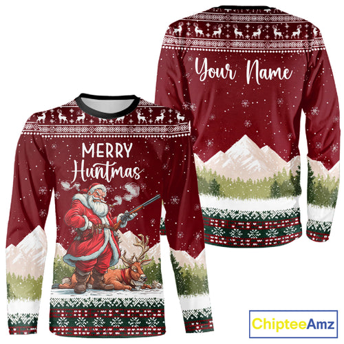 Funny Ugly Pattern Santa Deer Hunting Customized Name All Over Print Shirts, Christmas Shirt Ideas for Hunter NBT283