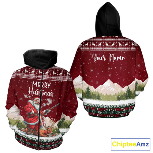 Funny Ugly Pattern Santa Deer Hunting Customized Name All Over Print Shirts, Christmas Shirt Ideas for Hunter NBT283