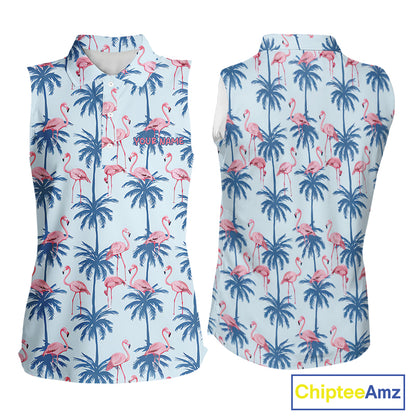 Flamingo Tropical Palm Tree Womens Sleeveless Golf Polo Shirt, Custom Matching Girl Polo Team, Golf Gifts For Ladies NBT494