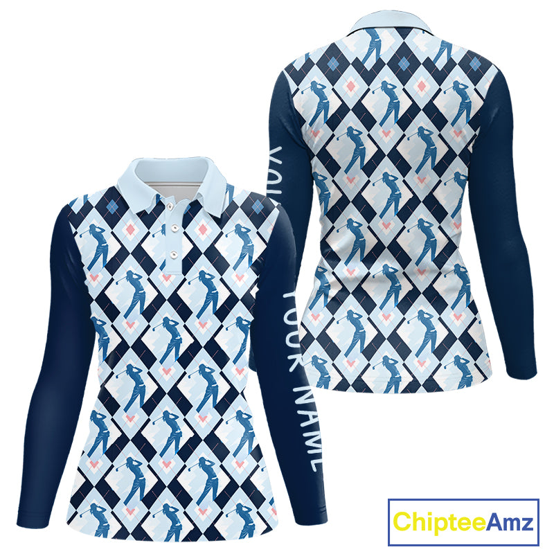 Blue Argyle Golf Polo Shirt For Women, Golf Friends Shirt, Blue Retro Golf Outfits NHT565