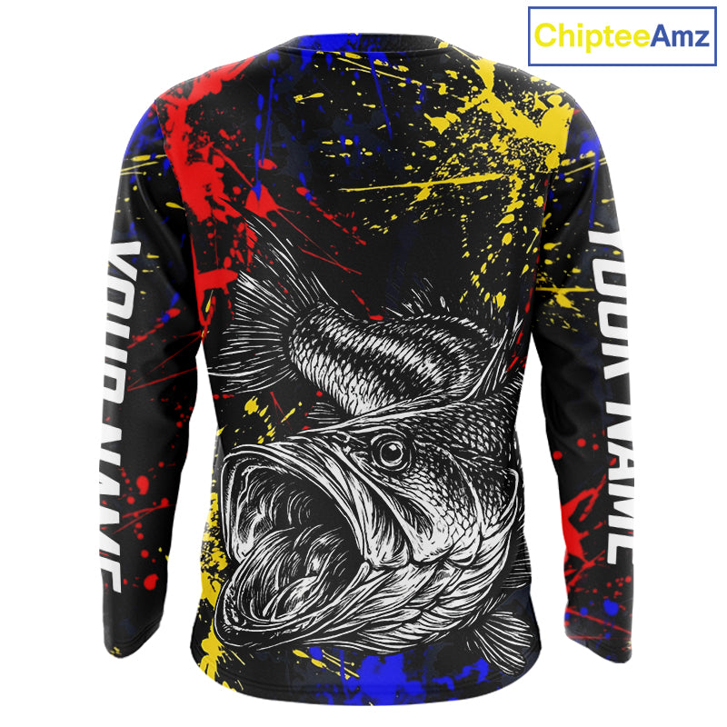 Colorful Paint Tattoo Bass Fishing Shirts Long Sleeve With Hood, Bass Fishing Jerseys NBT431