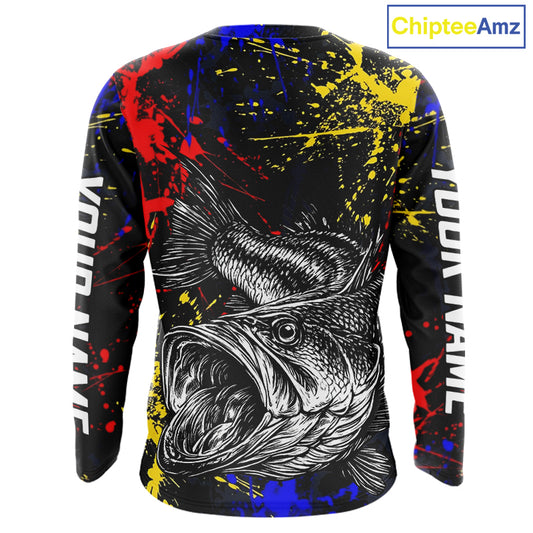 Colorful Paint Tattoo Bass Fishing Shirts Long Sleeve With Hood, Bass Fishing Jerseys NBT431