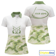 Load image into Gallery viewer, Green And White Camo Womens Golf Polo Shirts Customized Camouflage Golf Shirts For Ladies, Golfer Gifts NBT510