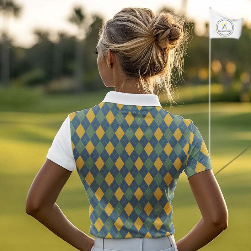 Golf Polo Shirts For Women Custom Argyle Plaid Pattern Golf Shirts, Gift For Golf Lovers NBT513