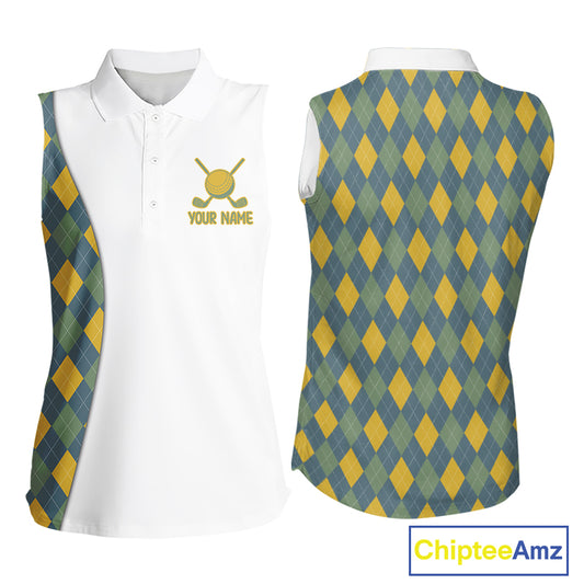 Sleeveless Golf Polo Shirts For Women Custom Argyle Plaid Pattern Golf Shirts, Gift For Golf Lovers NBT513