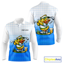 Load image into Gallery viewer, Funny Duck Golf Polo Shirt For Men, Cute Duck With Beer Print Shirt, Sporty Animal Golf Gift|Blue NBT622