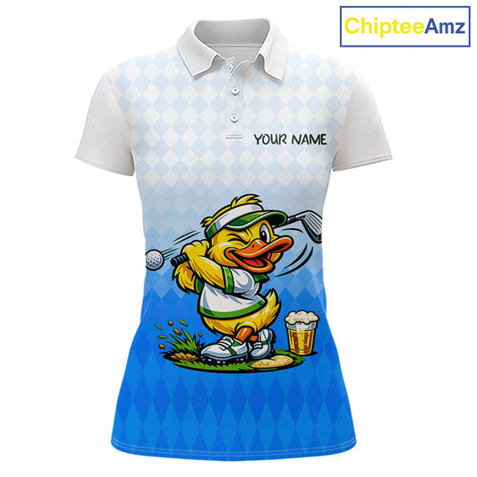 Funny Duck Golf Polo Shirt For Womens, Cute Duck With Beer Print Shirt, Sporty Animal Golf Gift|Blue NBT622