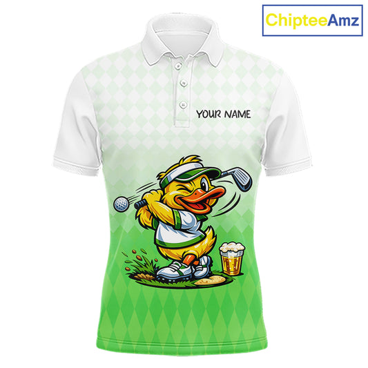 Funny Duck Golf Polo Shirt For Men, Cute Duck With Beer Print Shirt, Sporty Animal Golf Gift|Green NBT623