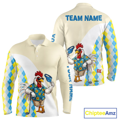 Long-sleeve shirt with funny cartoon rooster design and Team Name text on a checkered background