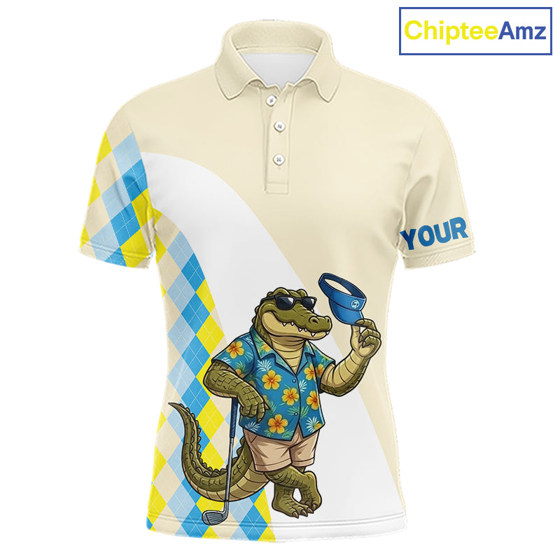 Funny alligator Hawaiian mens short sleeve  golf polo shirt with argyle pattern - front view