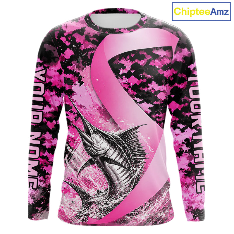 Front view of pink ribbon camouflage marlin fishing breast cancer custom sun protection long sleeve fishing shirt
