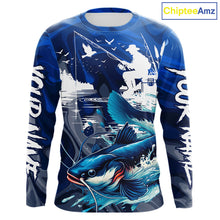 Load image into Gallery viewer, Front view of Catfish Fishing Jersey Custom Name long sleeve fishing shirt, camo catfish fishing shirt for team with ctafish graphic and custom name left sleeve