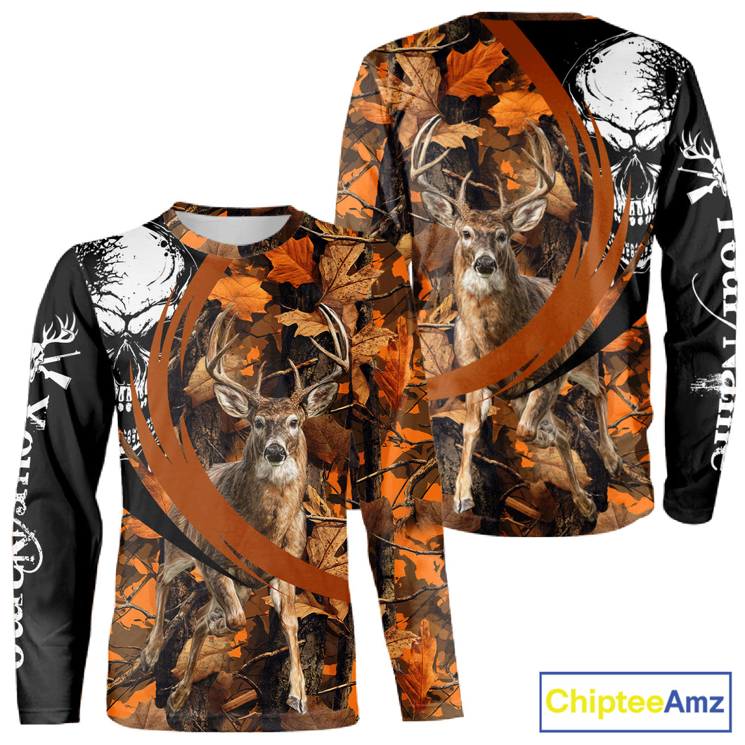 Deer Hunting Orange Camouflage Skull 3D Custom Name Shirts, Camouflage Deer Hunting Gifts NBT238