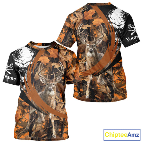 Deer Hunting Orange Camouflage Skull 3D Custom Name Shirts, Camouflage Deer Hunting Gifts NBT238