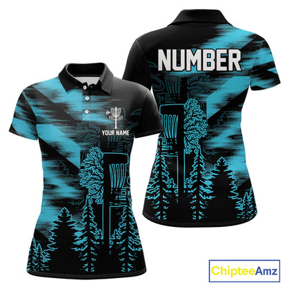 Womens Disc Golf Polo Shirt Custom Name Blue Disc Golf Basket, Personalized Disc Golf Shirts NBT646