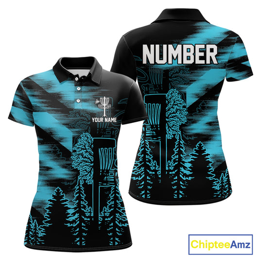Womens Disc Golf Polo Shirt Custom Name Blue Disc Golf Basket, Personalized Disc Golf Shirts NBT646