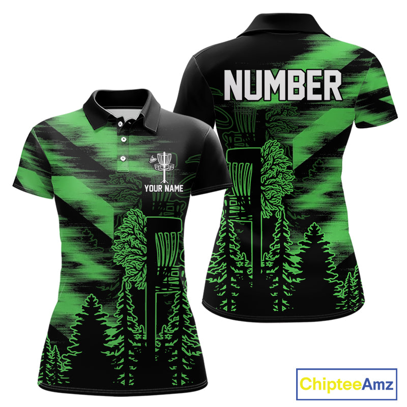 Womens Disc Golf Polo Shirt Custom Name Green Disc Golf Basket, Personalized Disc Golf Shirts NBT647