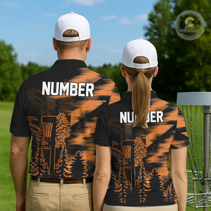 Mens Disc Golf Polo Shirt Custom Name Orange Disc Golf Basket, Personalized Disc Golf Shirts NBT648