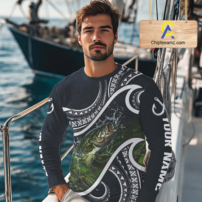 Angler wearing blue tribal pattern custom largemouth bass long sleeve fishing shirt on the water