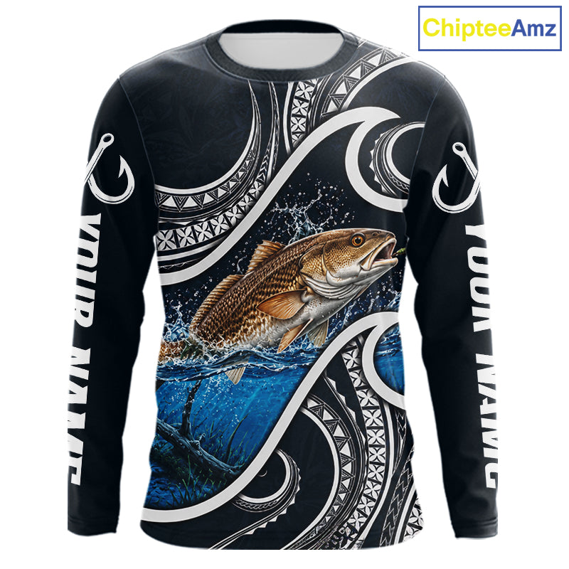 Front view of blue tribal pattern custom redfish long sleeve fishing shirt