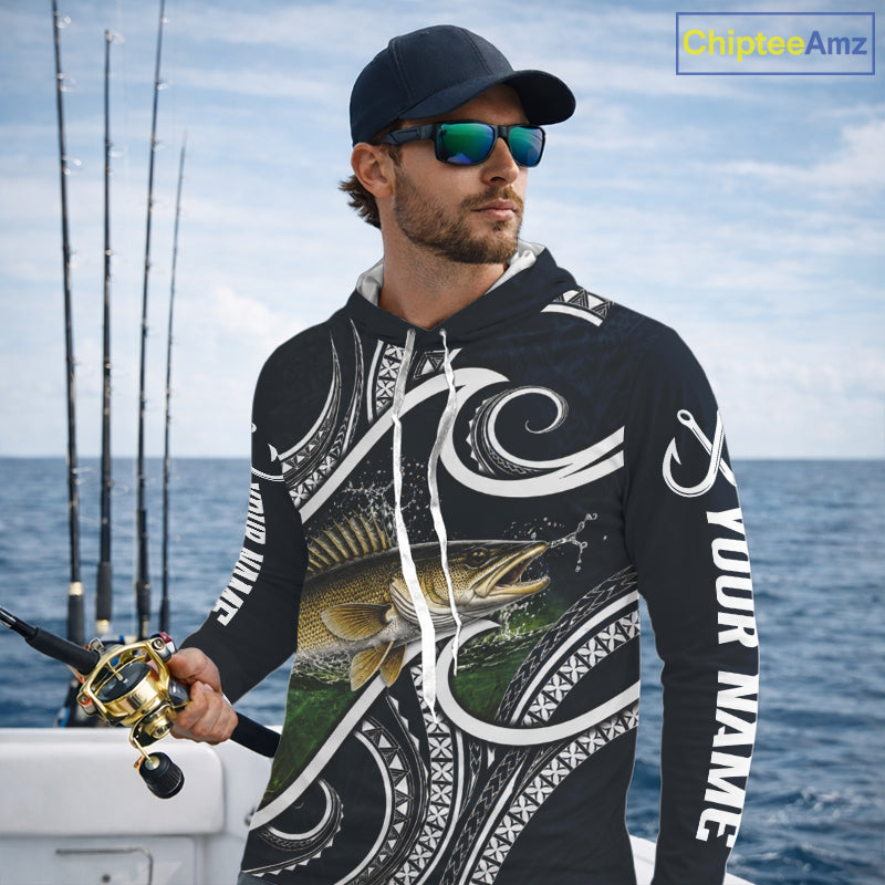 Angler wearing blue tribal pattern custom walleye long sleeve hooded fishing shirt on the water