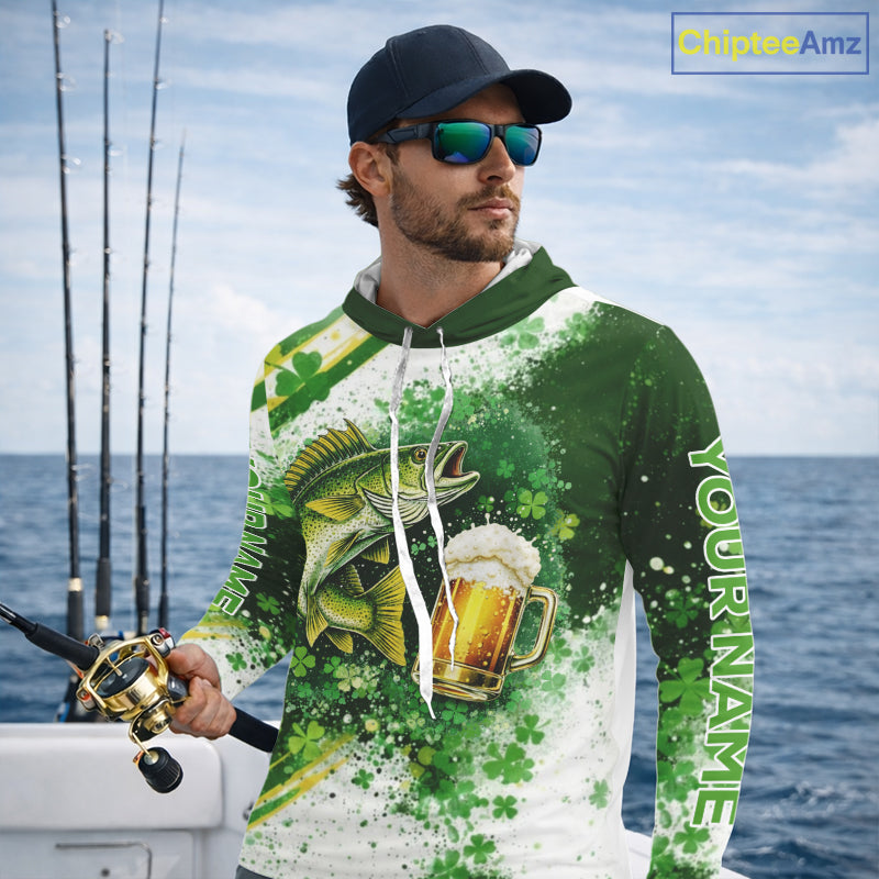 St Patrick Day Walleye Mens Long Sleeve Hooded Fishing Shirts UV Protetion, Walleye Fishing Shirts NBT384