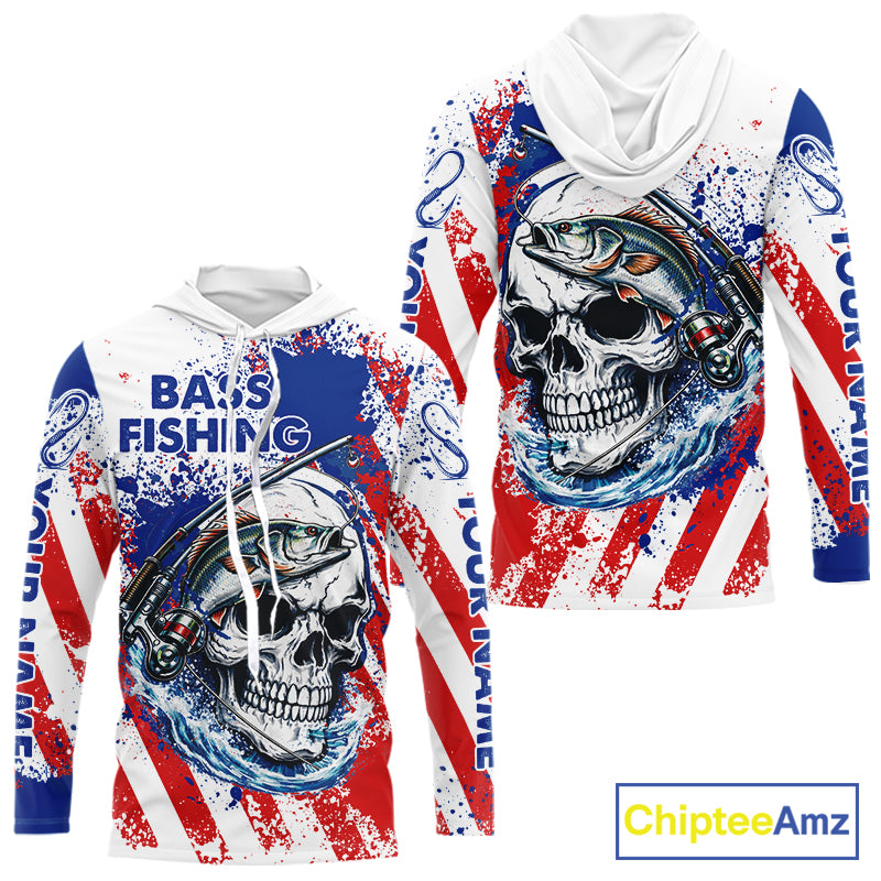 Custom American Flag Fishing Shirts Largemouth Bass Fishing Long Sleeve Hooded, Bass Fishing Shirts For Men NBT385
