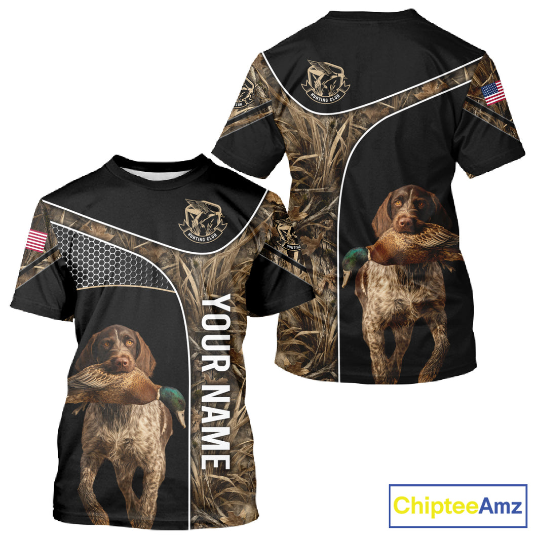 Duck Hunting with German Wirehaired Pointer Dog Camo Custom Name Shirts, Duck Hunting Shirts for Hunter NBT157