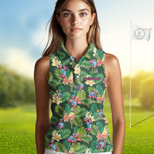 Load image into Gallery viewer, Funny Womens Sleeveless Golf Polo Shirt Custom Green Tropical Flower Flamingo Team Golf Shirts, Golf Gifts NBT660