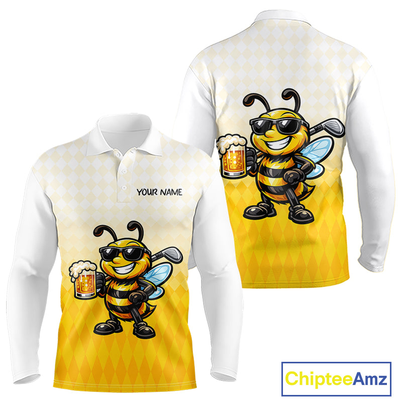 Funny Bee Golf Polo Shirt For Men, Cute Bee With Beer Print Shirt, Sporty Animal Golf Gift|Yellow NBT663