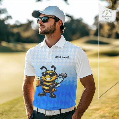 Funny Bee Golf Polo Shirt For Men, Cute Bee With Beer Print Shirt, Sporty Animal Golf Gift|Blue NBT664