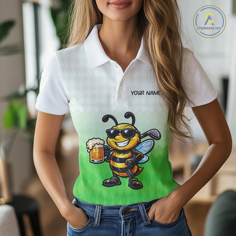 Funny Bee Golf Polo Shirt For Women, Cute Bee With Beer Print Shirt, Sporty Animal Golf Gift|Green NBT665