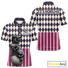 Load image into Gallery viewer, Front and back view of custom black pink argyle skull golf polo shirt for men