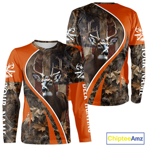 Custom Whitetail Deer Hunting Shirt 3D All Over Print with Orange Camo US Flag Hunting Gifts NBT253