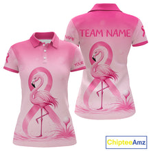 Load image into Gallery viewer, Back view of breast cancer awareness golf shirt with flamingo print and charity message