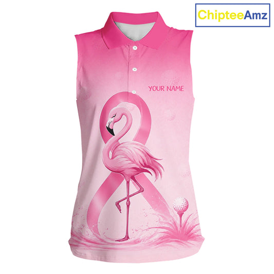 Pink breast cancer awareness sleeveless golf polo shirt for women, funny flamingo design front view