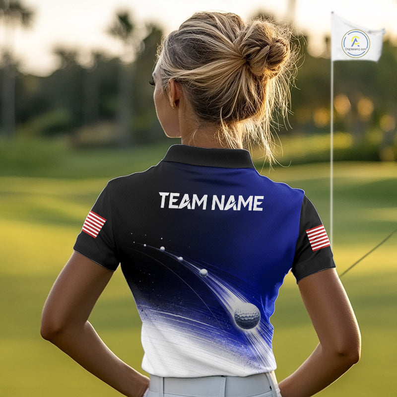 Blue Golf Ball Pattern American Flag Womens Golf Polo Shirts, Tournament Golf Shirts Golf Gifts NBT870