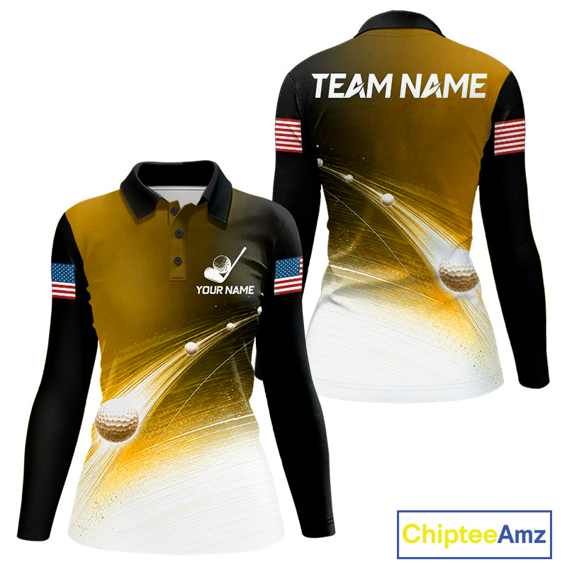 Black Gold Golf Ball Pattern American Flag Womens Golf Polo Shirts, Tournament Golf Shirts Golf Gifts NBT871