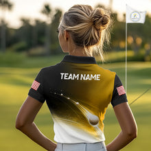 Load image into Gallery viewer, Black Gold Golf Ball Pattern American Flag Womens Golf Polo Shirts, Team Golf Shirts Golf Gifts NBT871