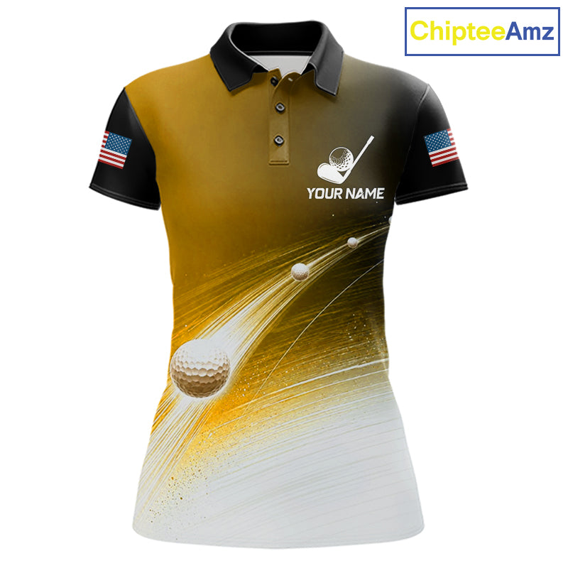 Black Gold Golf Ball Pattern American Flag Womens Golf Polo Shirts, Tournament Golf Shirts Golf Gifts NBT871