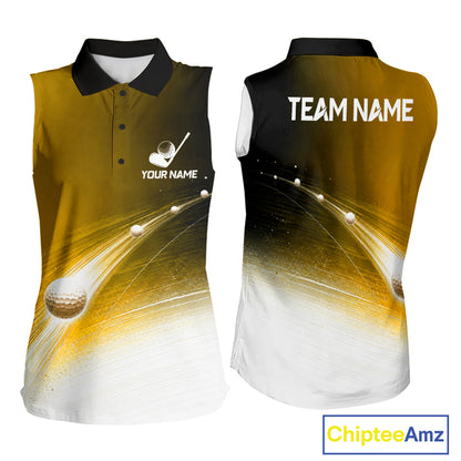 Black Gold Golf Ball Pattern American Flag Womens Sleeveless Tournament Golf Polo Shirts, Team Golf Shirts Golf Gifts NBT871