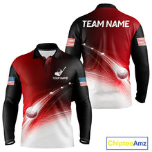 Load image into Gallery viewer, Front and back view of red golf ball pattern American flag mens long sleeve golf polo shirt