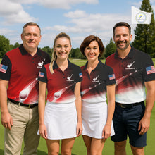 Load image into Gallery viewer, Mixed golf team wearing matching red  golf ball American flag golf polo shirts