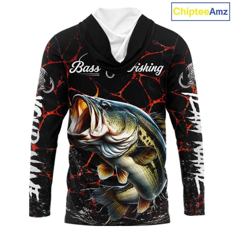 Back view of Bass Fishing camo long sleeve hooded fishing shirt UPF protection with personalized name 